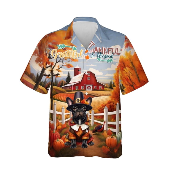 Thanksgiving French Bulldog Pilgrim Grateful, Thankful, Blessed Fall Welcome Hawaiian Shirt Breathable Summer Unisex Merch Dog Lover Gifts - 00021