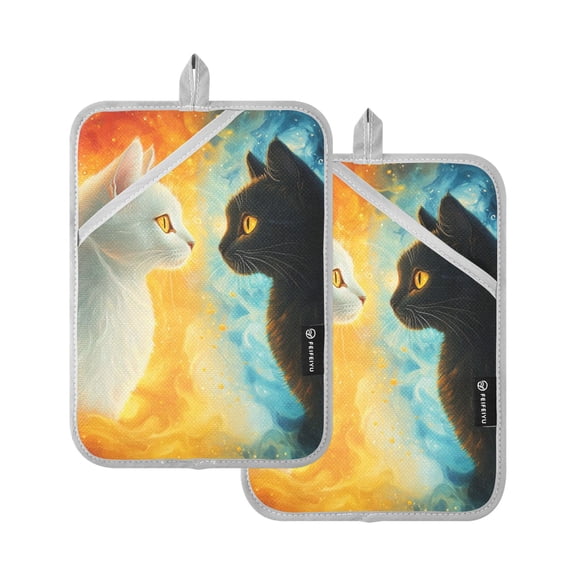 Black and White Cats Fight Pot Holder Heat Resistant Mat Oven Hot Pads Pocket Design Potholders Set of 2