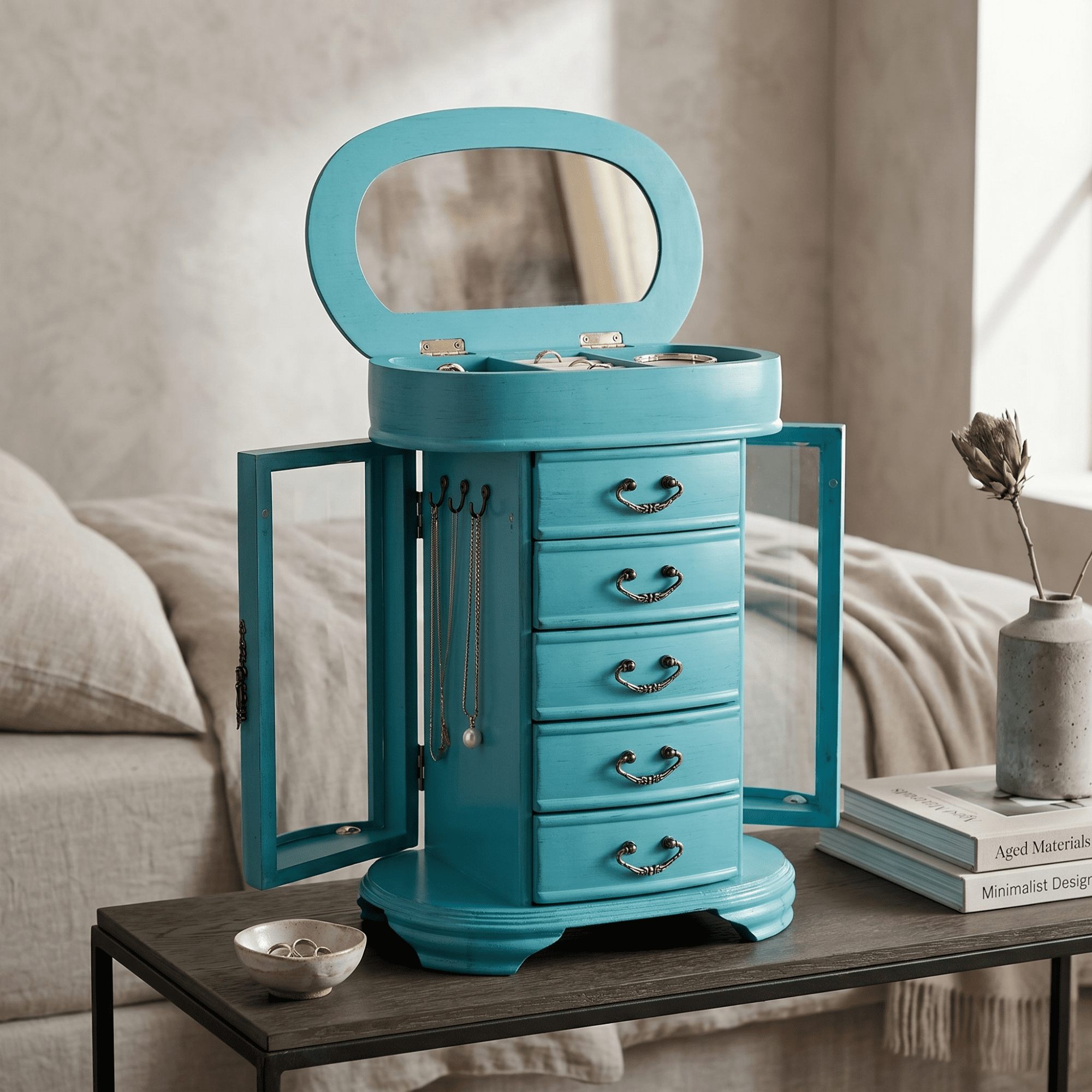 Hives and Honey Daphne Oval Wooden Jewelry Organizer Chest with Vanity Mirror and Glass Doors for Women in Antiqued Turquoise Finish