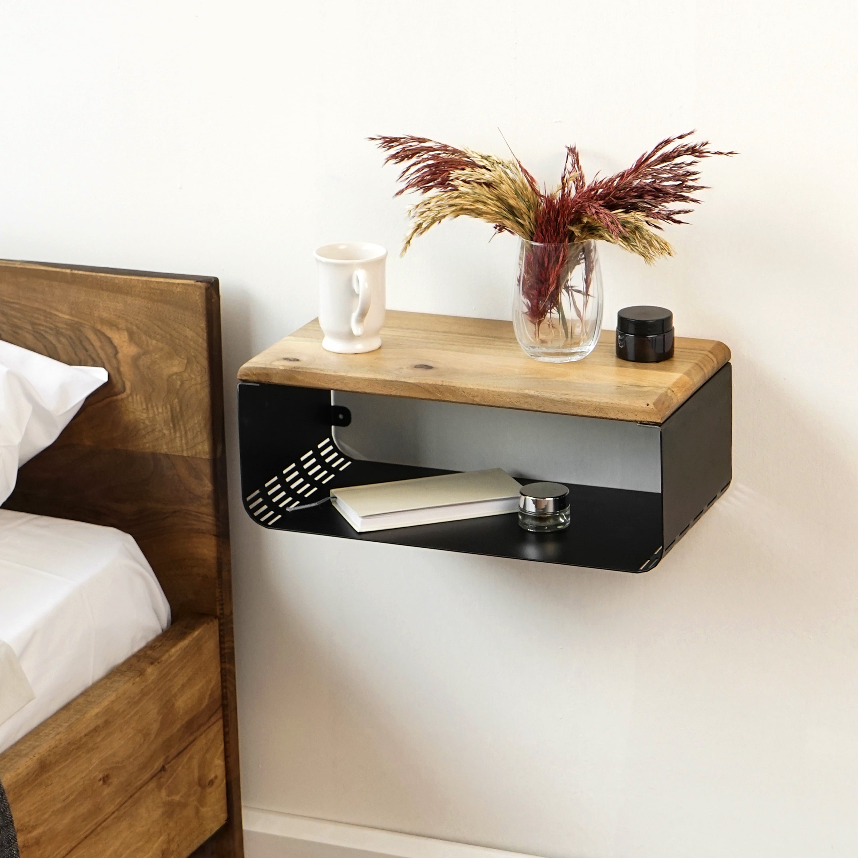 Ultimate Premium Products Small Floating Metal Nightstand with Walnut Top
