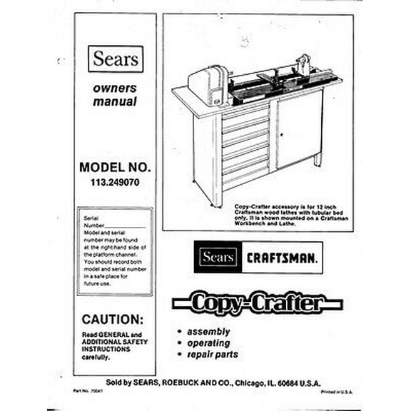 Instruction Manual ONLY for 1983 Craftsman 113.249070 Lathe Copy-Crafter Instructions REPRINT