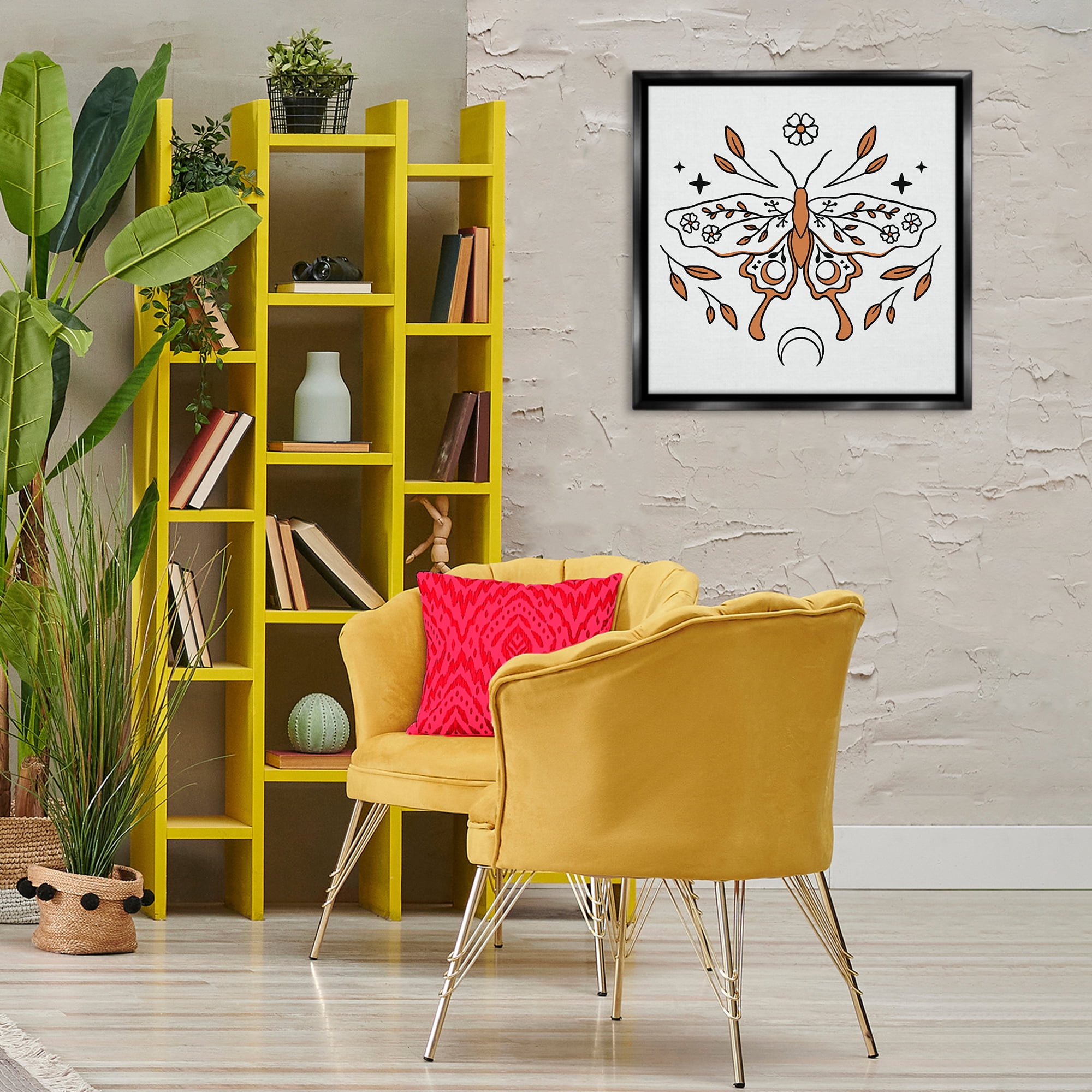 Stupell Industries Celestial Floral Moth Animals Painting Black Floater Framed Canvas Art Print Wall Art, 25 x 25