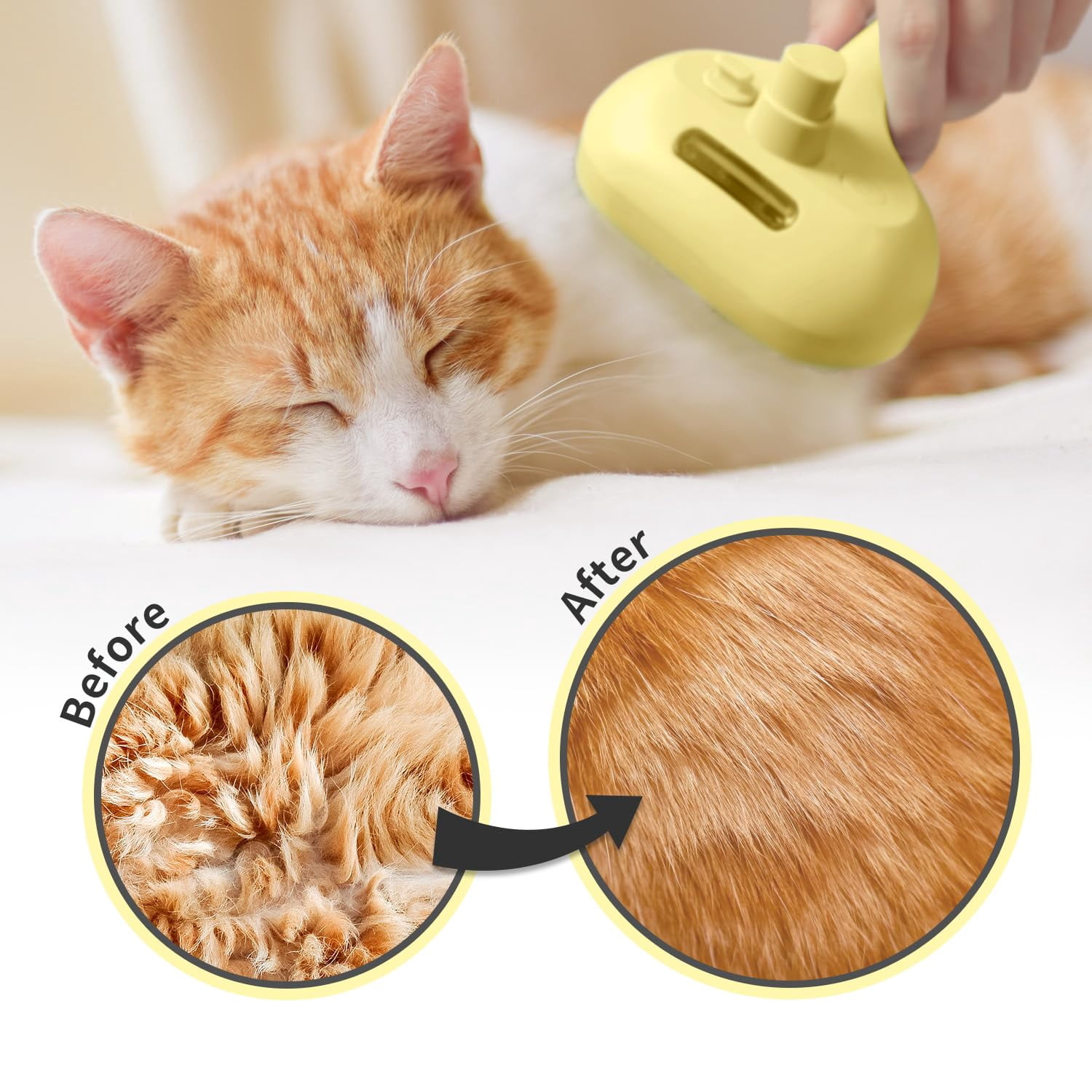 Cat Steam Brush for Shedding, 3-in-1 Self-Cleaning Grooming Comb for Long & Short Hair Cats & Dogs, Type-C Fast Charging (White)