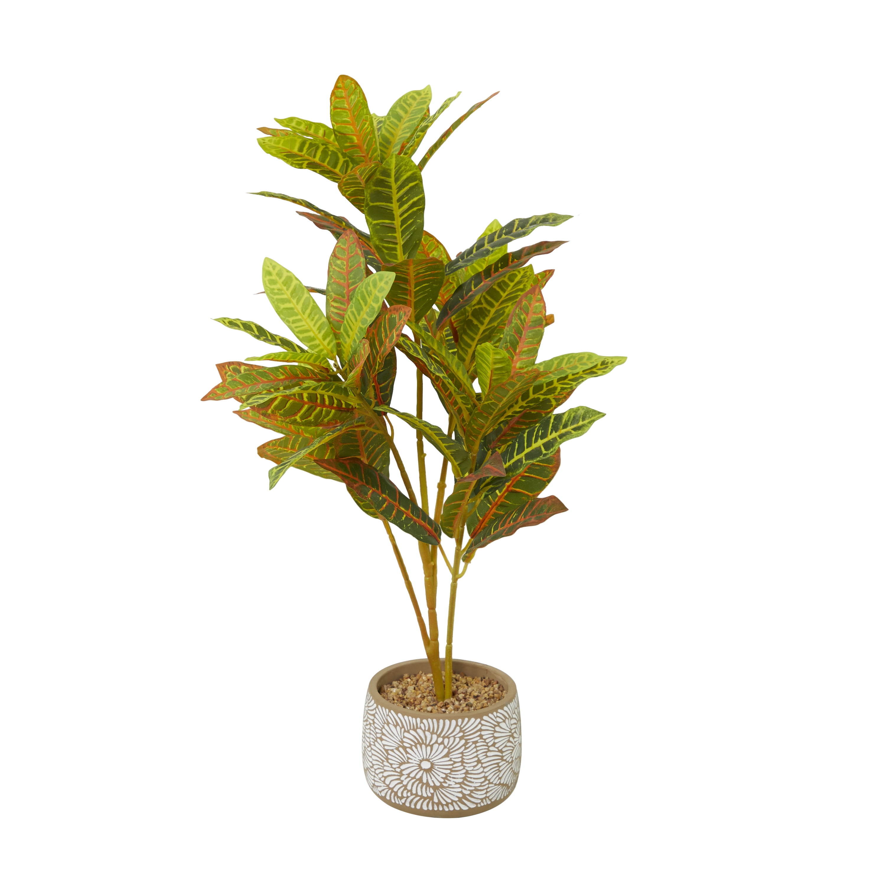 DecMode 30" Artificial Crotons Plant in Realistic Leaves and Floral Patterned Pot