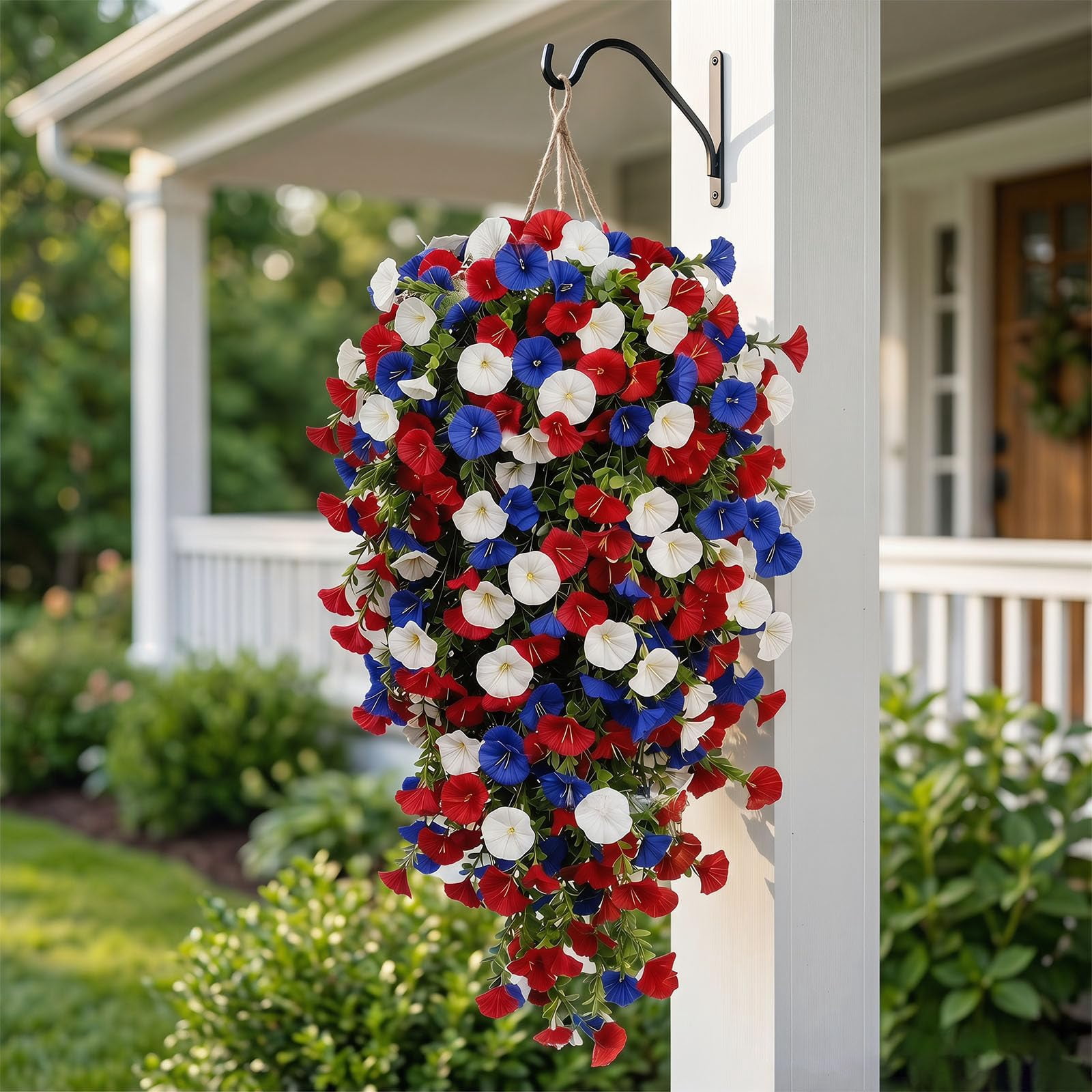 Red White and Blue Hanging Flowers, Patriotic Hanging Flower Baskets – Artificial Plants for Anniversary Porch Decor, Veterans Memorial Day Patio Home