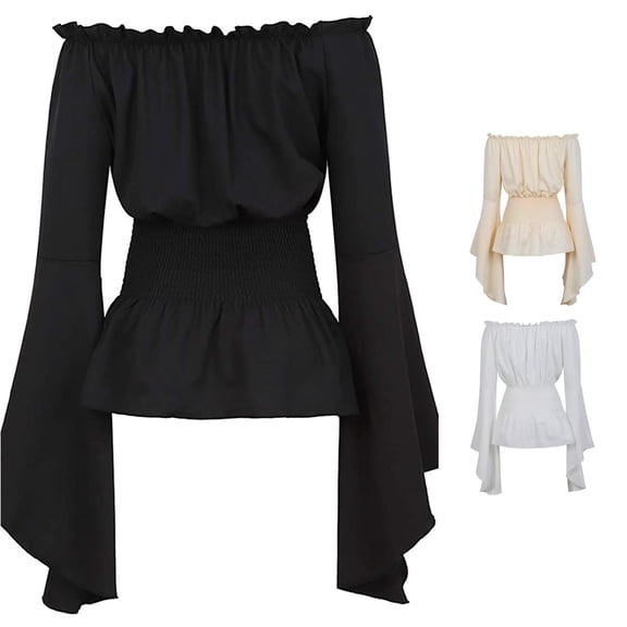 Womens Boho Off Shoulder Blouse - Long Sleeve Ruffled Peasant Top with Elastic Neckline for Casual Wear