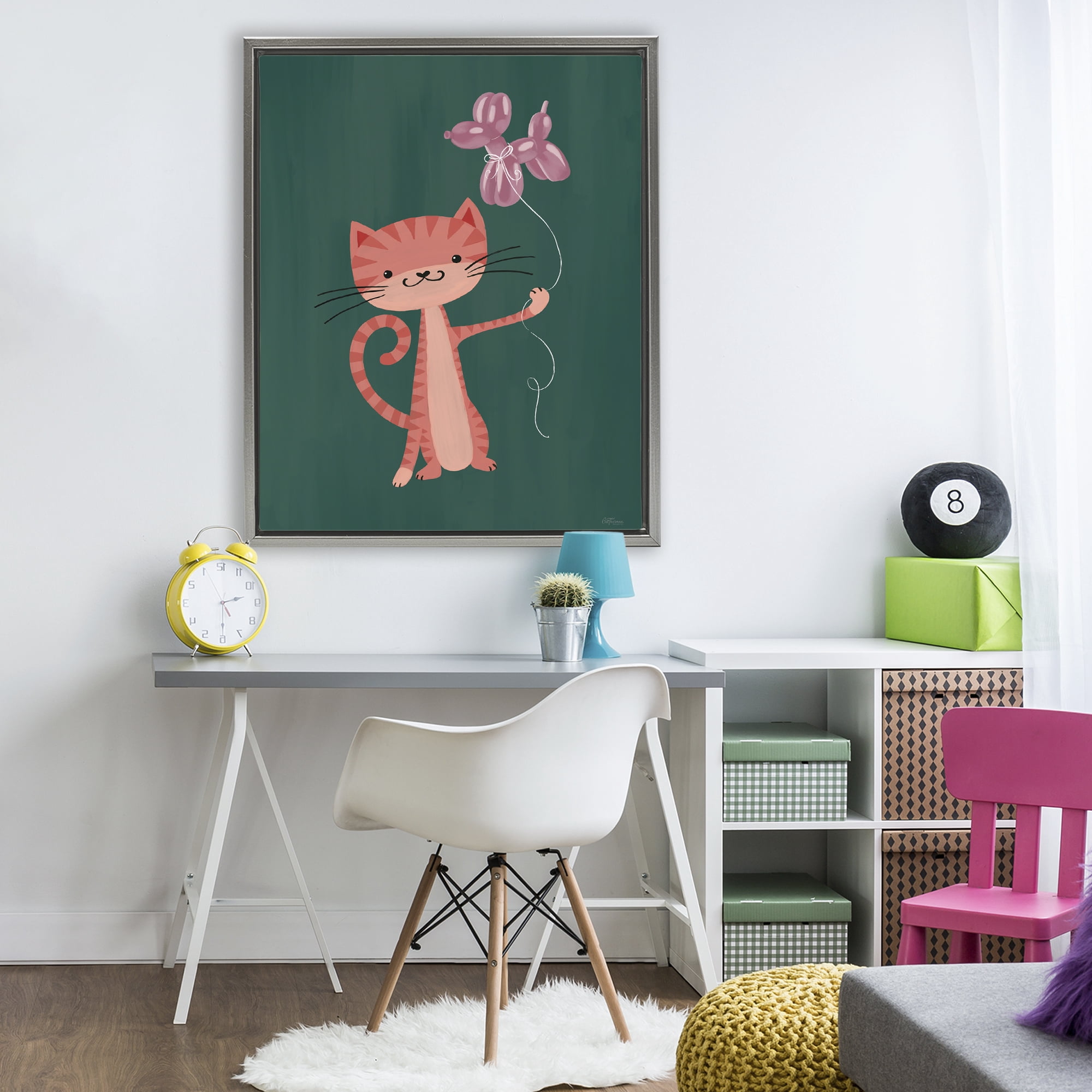 Stupell Industries Balloon Buddy Cat Gray Framed Floater Canvas Wall Art, design by Cat Thurman Designs