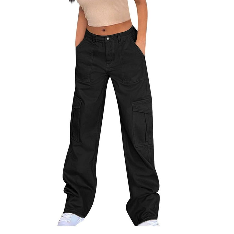 【Anyone more】Mouni Black Denim Cargo Wide Pants Womens Mid Rise Cargo Pants Straight Wide Leg Denim