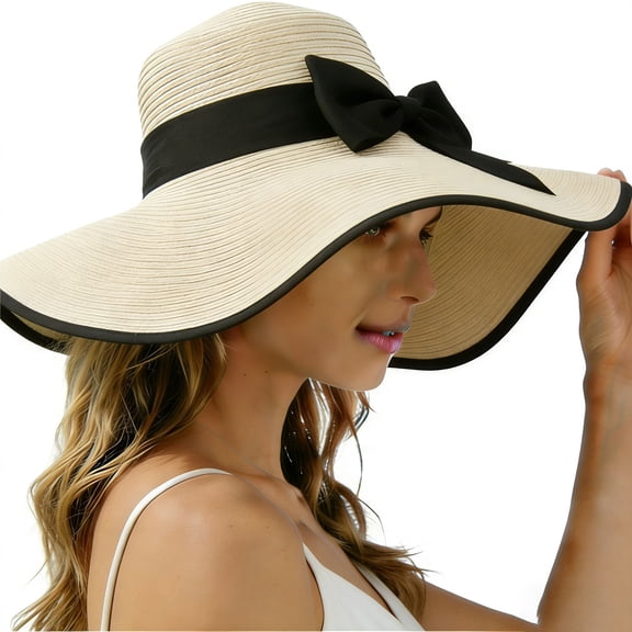 HONHUZH Summer Hats Womens Wide Brim Straw Sun Hat With Satin Bow Foldable Summer Beach Hat