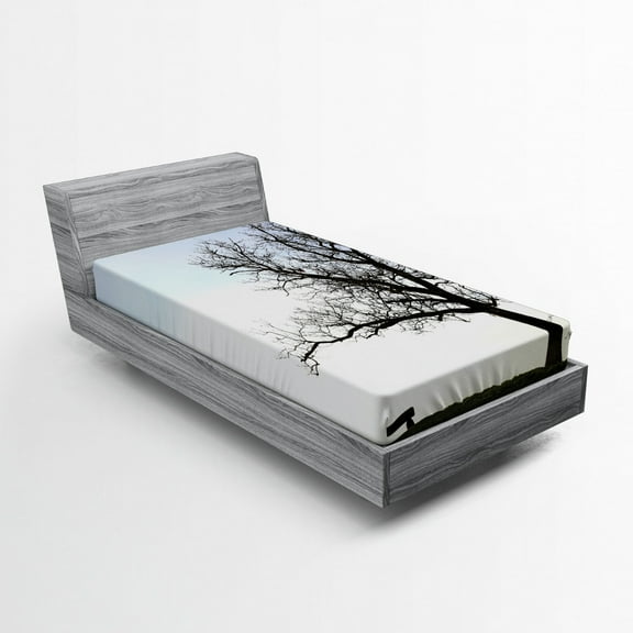 Ambesonne Winter Fitted Sheet, Wooden Bench Evening, Twin XL Size, Blue Brown