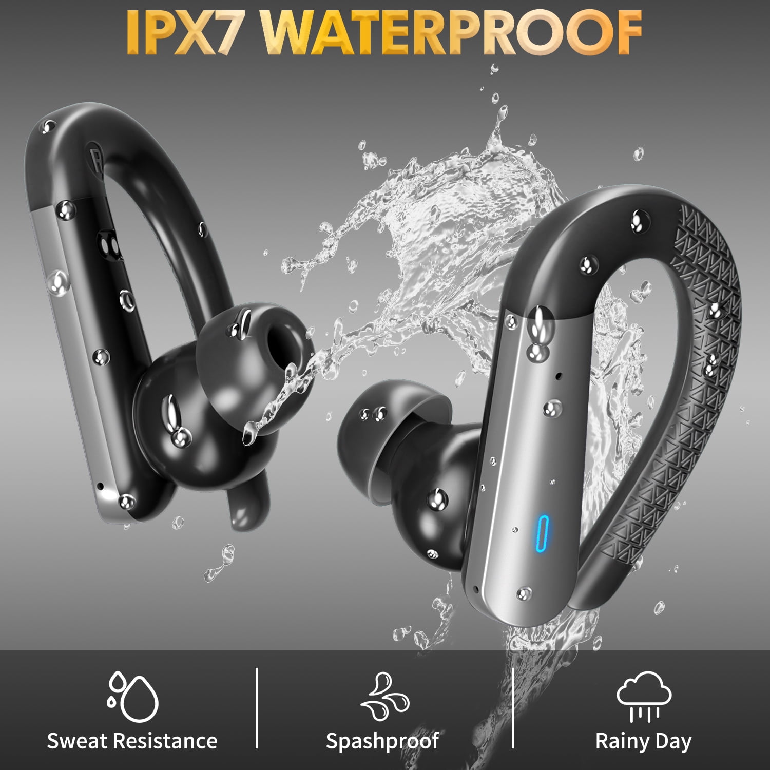 Bluetooth Headphones Wireless Earbuds 48hrs Playback IPX7 Waterproof Ear Buds over ear Stereo Bass Earphones with Earhooks Microphone LED Battery