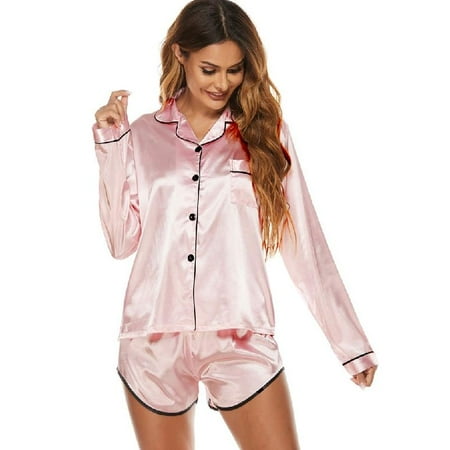 

Satin Pajamas Womens Long Sleeve Sleepwear Soft Silky Solid Color Loungewear