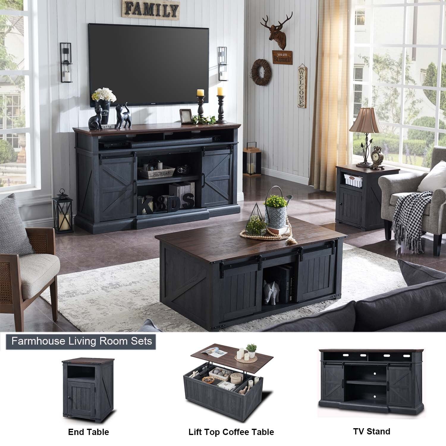 IFGET Farmhouse Nightstand with Charging Station, End Table with Banr Door Storage Cabinet & USB Ports & Power Outlets for Bedroom Living Room