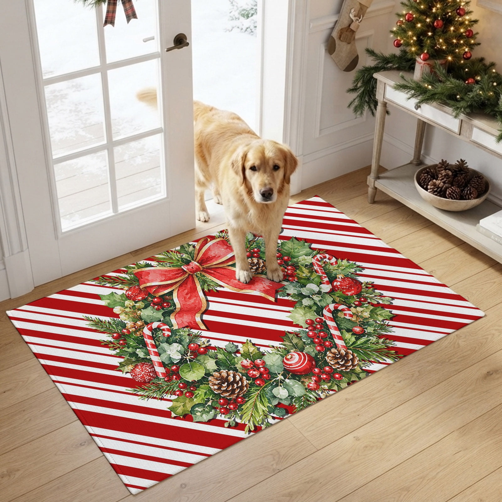 2x3 Ft Entryway Area Rug, Red Christmas Kitchen Rug Runner Washable Floor Mat, Winter Xmas Pine Fruits Holly Leaf Striped Non Slip Indoor Door Mat Throw Carpet for Bathroom Living Room Bedroom