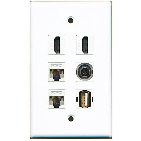 RiteAV - 2 HDMI 1 Port USB A-A 1 Port 3.5mm 2 Port Cat5e Ethernet White Wall Plate