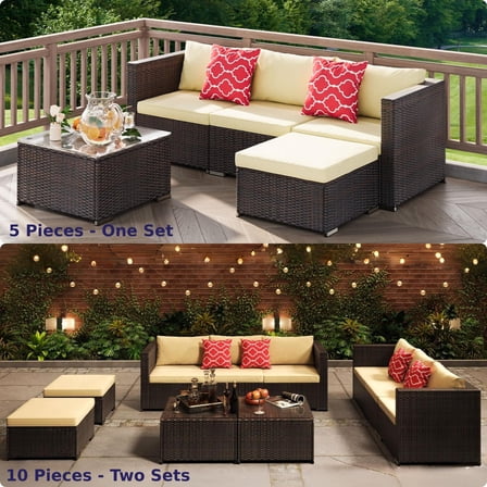 5 Pieces Patio Furniture Set with Tempered Glass Coffee Table for Outdoor & Front Porch in Beige,Rattan & Metal, Beige Cushion