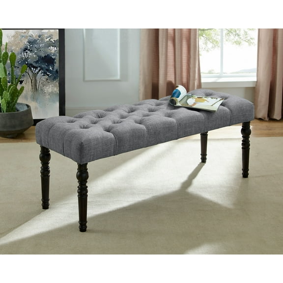 MAYEERTY Fabric Tufted Dining Bench with Turned Legs Gray