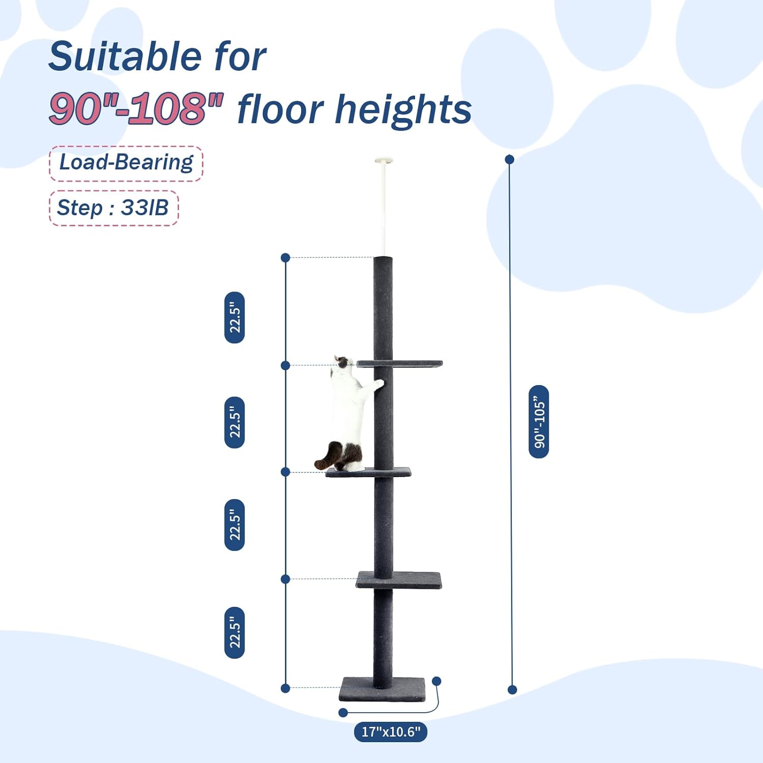 Cat Craft Floor to Ceiling Cat Tree Tower with 4-Tiers for Climbing, Adjustable to Fit 7.5-9 Foot Tall Ceiling, Charcoal