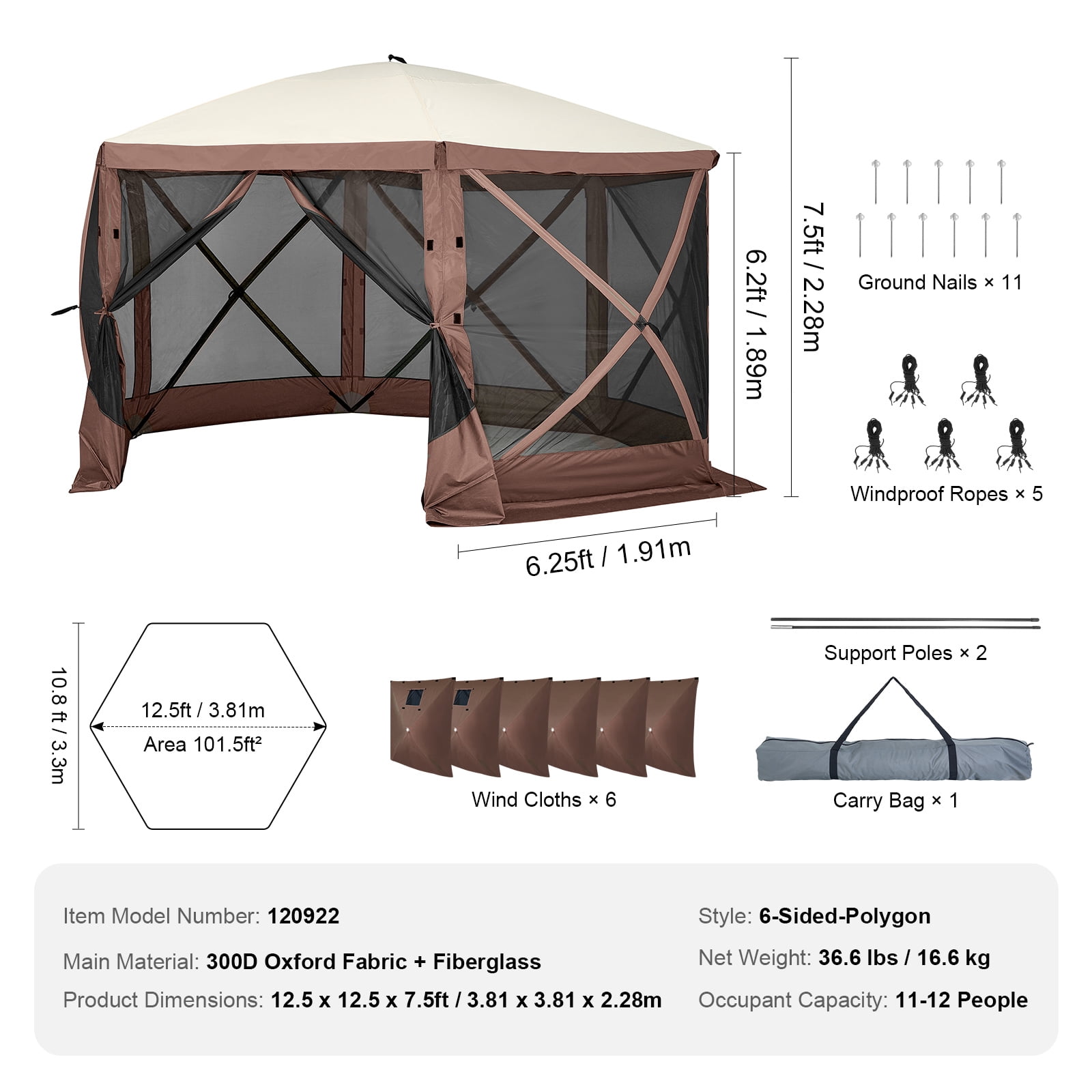 KFFKFF Pop-Up Gazebo Tent, 6-Sided Canopy Sun Shelter with Removable Privacy Panels & Mesh Windows, 12.5x12.5FT Quick Setup Screen Tent with Mosquito Netting, Brown
