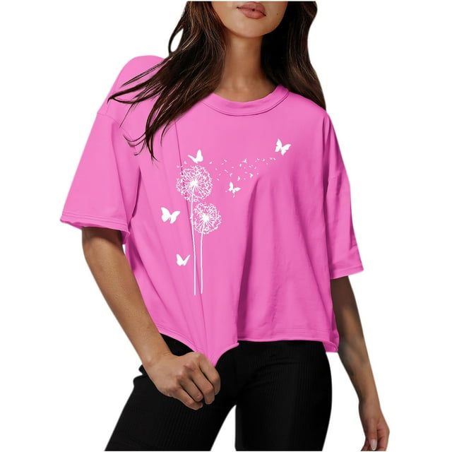 Women Drop Shoulder Round Neck Oversized Crop Tops Workout Tops Tees