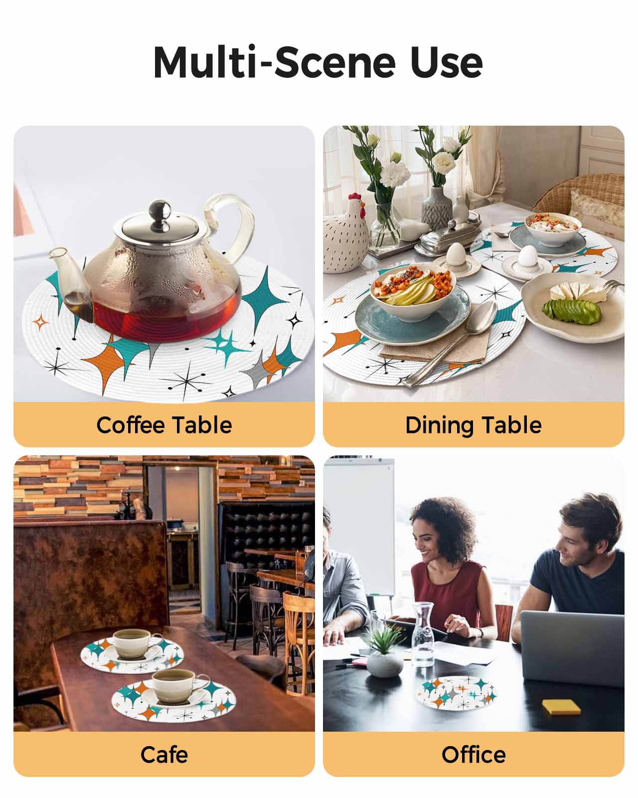 Mid Century Modern Round Table Placemats set of 8, Turquoise Orange Grey Washable Woven Place Mats for Dining Tables Kitchen Party Decor,Heat Proof, 15in,
