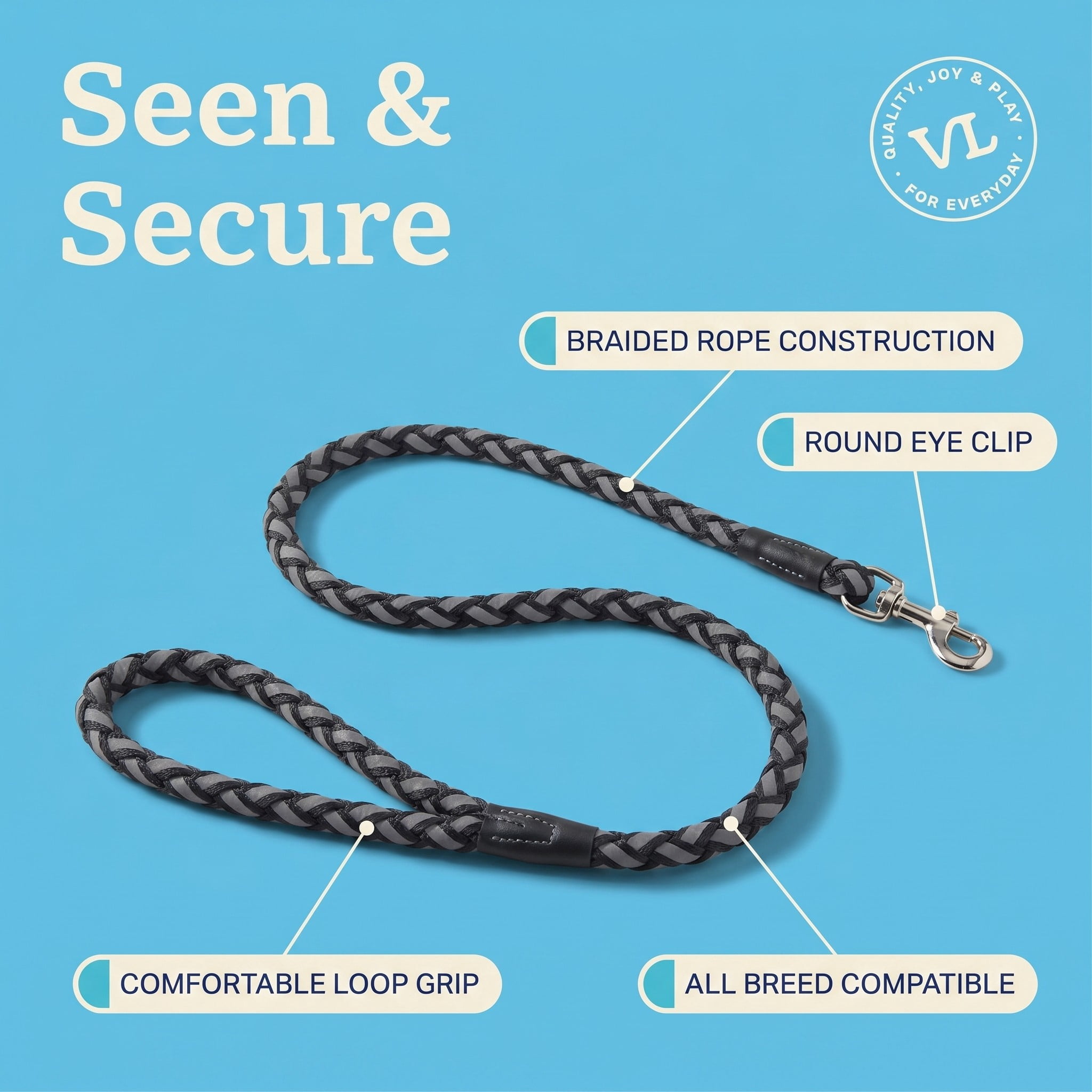 Vibrant Life 5 ft Reflective Rope Dog Leash, Black