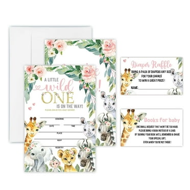Safari Dreams Baby Shower Invitation Set - Watercolor Floral Design with 25 Invites, Envelopes, Diaper Raffle Tickets, and Book Request Cards for Gender Reveal Celebrations.