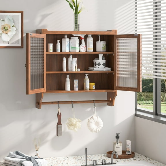 Newboti Furniture 24.8"Glass Door Vintage Double Door Wall Cabinet with Three Tiers of Storage with Towel Rack, for Bathroom, Kitchen,Dining Room,Brown 20364