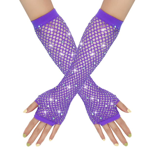 Xiao Hua Guantes de red sin dedos para mujer, largos, de malla, con mangas de red, estilo años 80, para disfraz de Halloween, color morado