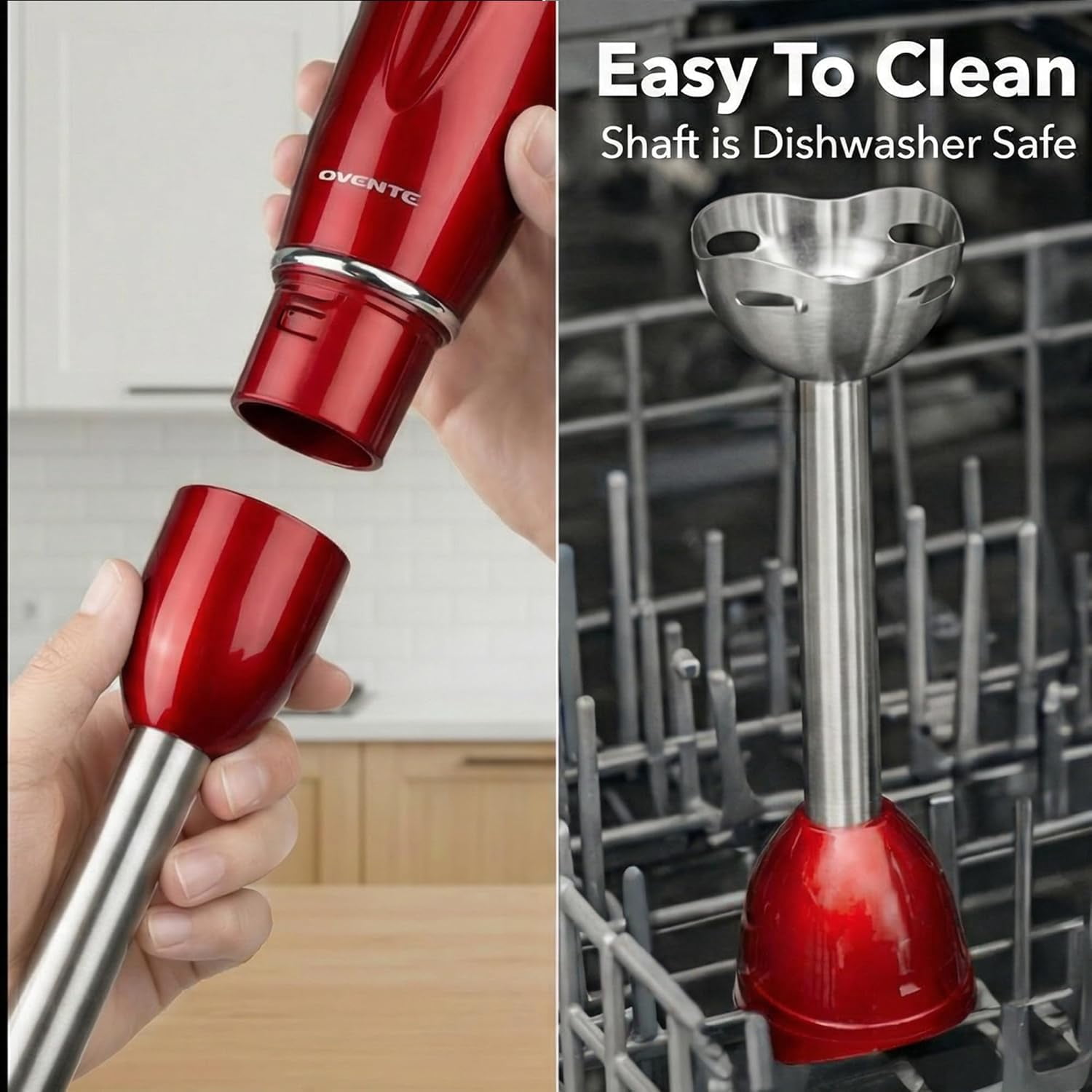 OVENTE Electric Hand Blender 300W, 2 Speeds, Stainless Steel, Red