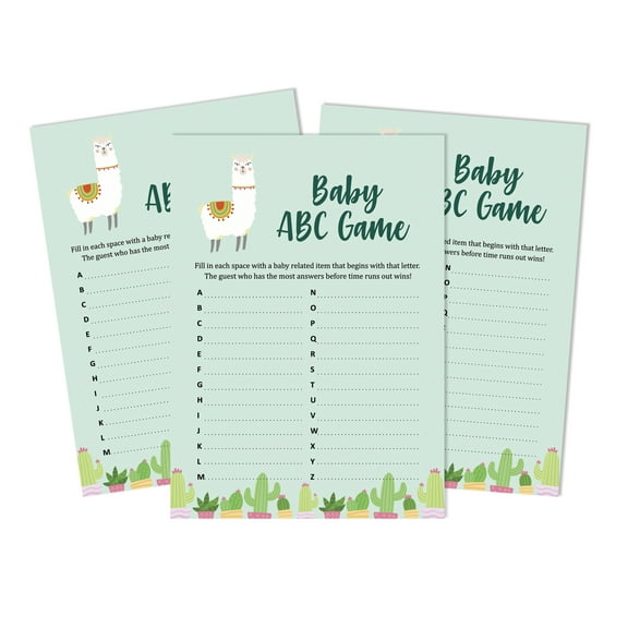 Inkdotpot Baby Shower Game Set Of 50 BabyAlphabetABCGame Llama Gender Neutral Party Supplies