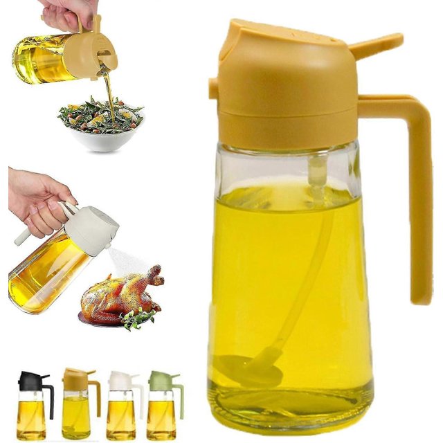 ZHAOCHENG Pulverizador y dispensador de aceite de vidrio 2 en 1, botella dispensadora de aceite de oliva de 470 ml para cocina, botella rociadora de aceite de grado alimenticio para cocinar, barbacoa