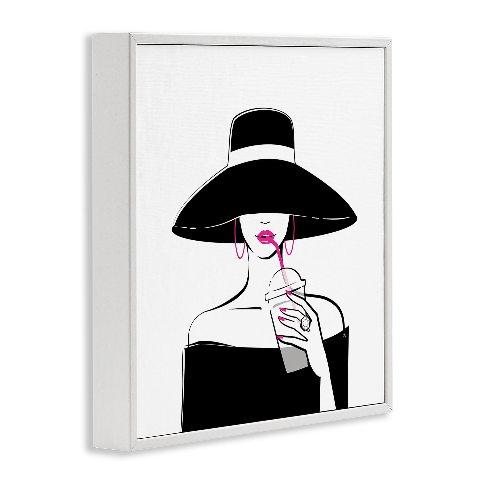 Stupell Industries Chic Black Hat Sipping Coffee White Framed Giclee Art, design by Martina Pavlova