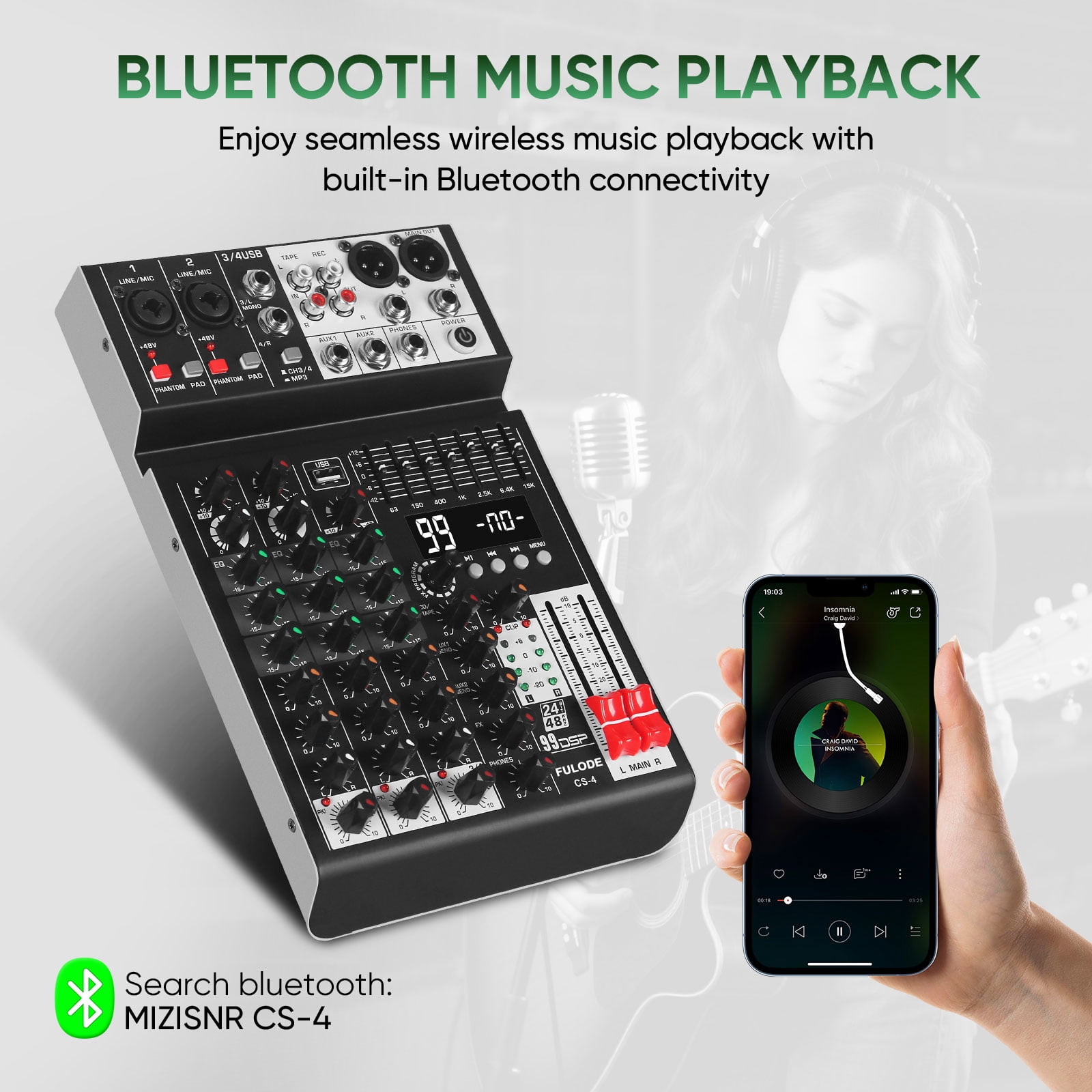 Audio Mixer 4 Channel Sound Mixer Console, Professional Music Mixing Board DJ Mixer w/ 99 DSP, 7-band EQ, USB, Bluetooth, 48V Phantom Power & PAD Function for Recording PA Live Live Streaming