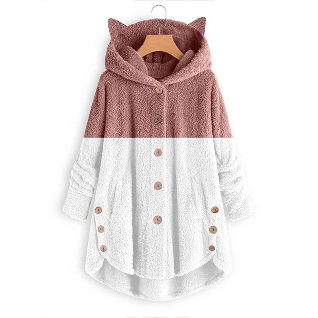 Qertyioot Women's Open Front Cardigan Women Button Plush Tops Hooded Loose Solid Color Patchwork Coat Jacket