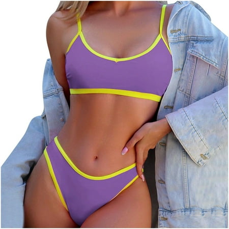 UTSJKR Bandeau Bikini Sets for Women Adjustable Splicing Color High Cut Thong Swimsuit Bottom Sports 2 Piece Sweawear Purple L