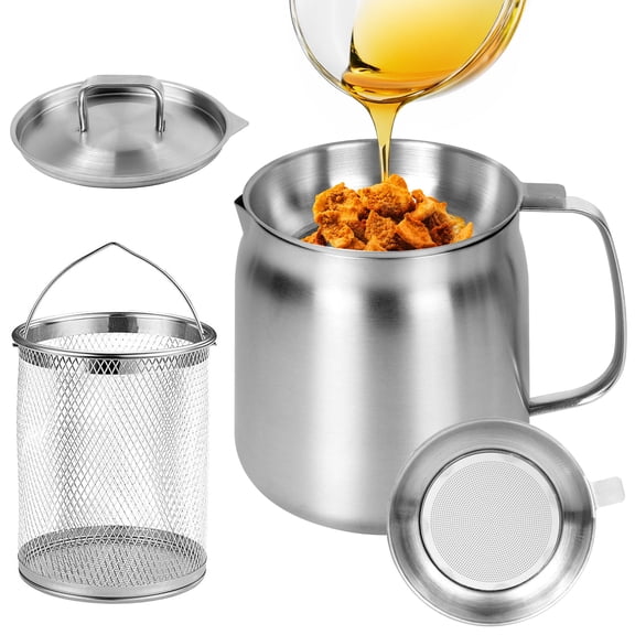 TickJOY 68oz Stainless Steel Deep Fryer Pot with Basket & Strainer, Large Capacity Oil Filter Fot, Versatile Oil Strainer Vessel and Bacon Grease Saver for Kitchen,Frying, Cooking, Camping