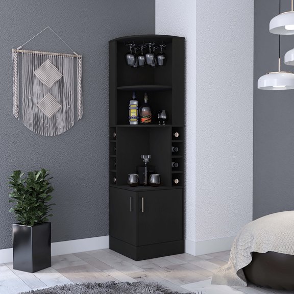 Corner Bar Cabinet Black, 8 For Liqueur Bottles, 2 Shelves & 12 Wine Glasses Display In Liquor Rack