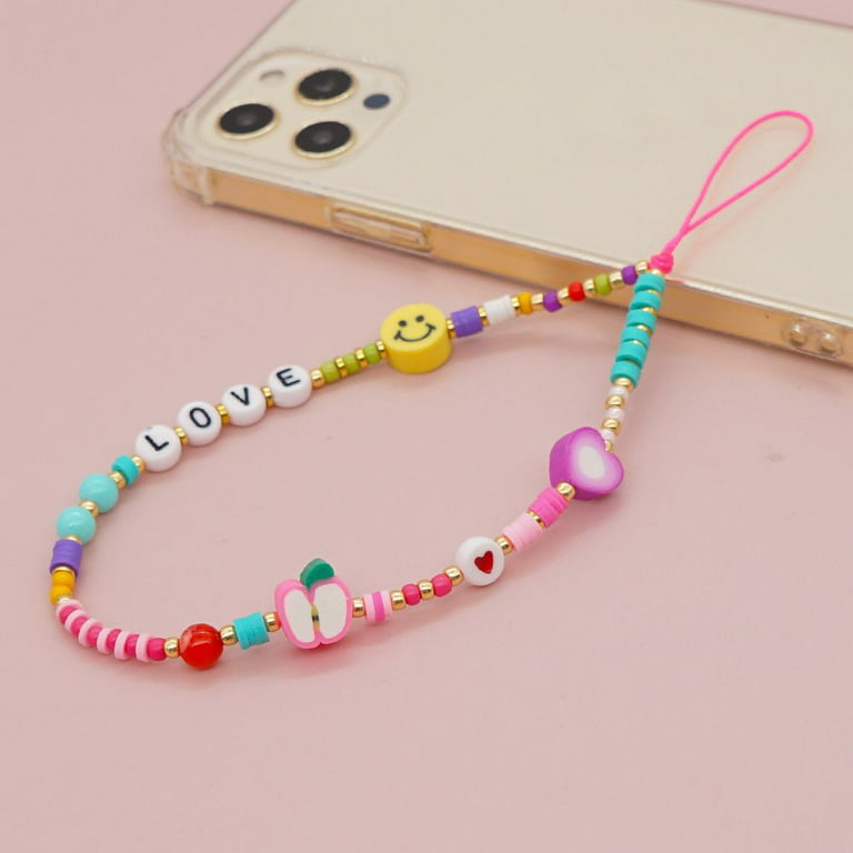 Love Letter Phone Strap Lanyard for Women Hanging Rope Pink Clay Beads  Anti-Lost Phone Chain