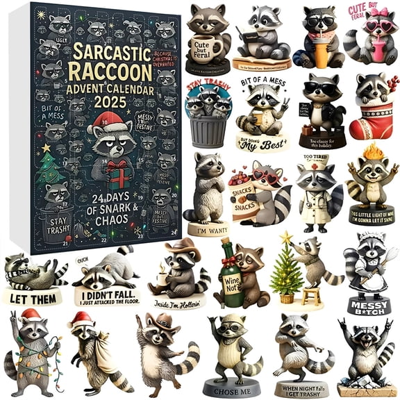 Sarcastic Raccoon Advent Calendar 2025,24 Mini 2D Ornament,24 Days of Christmas Surprise,Christmas Gift for Raccoon Lovers & Families