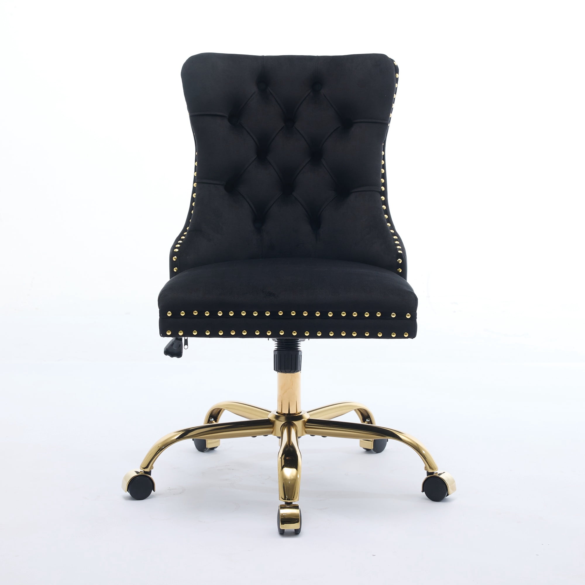 SESSLIFE Swivel Vanity Chair, Modern Office Chair with Wheels, Golden Metal Base, Velvet Upholstered Tufted Button Home Office Chair with Adjustable Height, Ergonomic Home Desk Chair, Black
