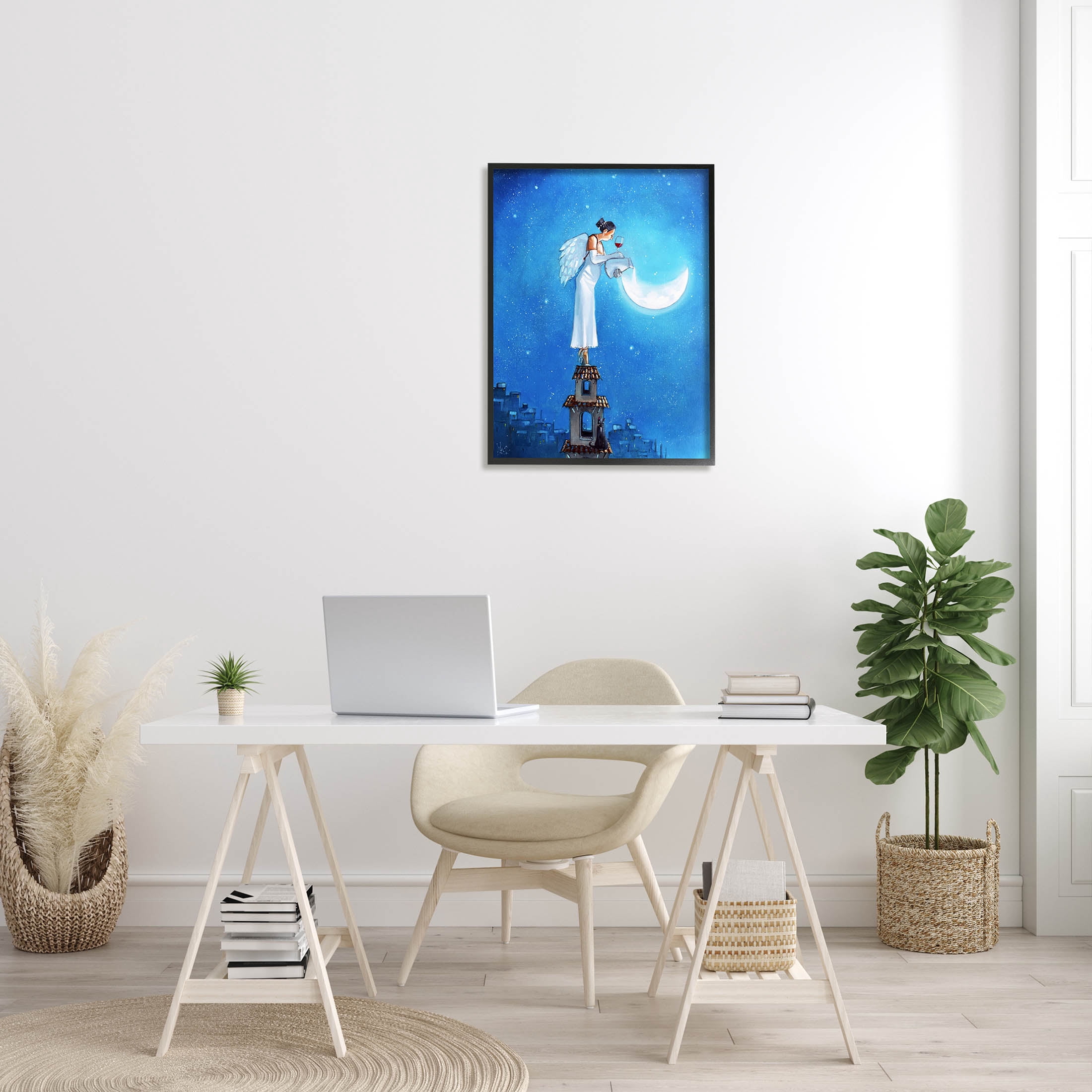Angel Pouring Moon Cityscape Landscape Painting Black Framed Art Print Wall Art