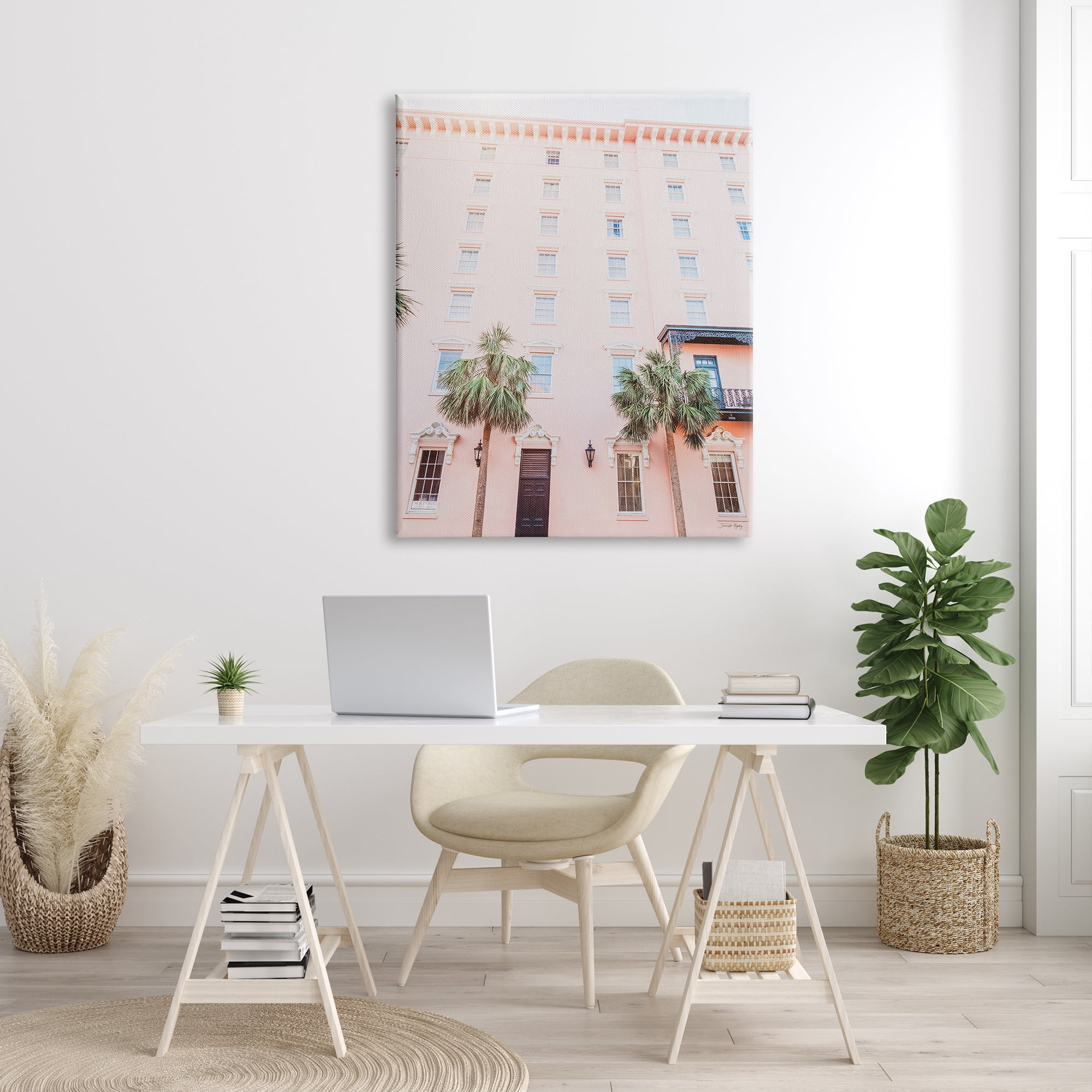 Stupell Industries Tropical Pink Vacation Building Summer Palm Trees Photograph Gallery Wrapped Canvas Print Wall Art, Design by Jennifer Rigsby