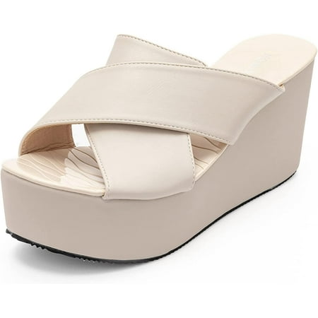 

Leisure Platform Slides for Woman Peep Toe Wedge Mules Elegant Party Criss Cross Slip on High Heel Slide Sandals