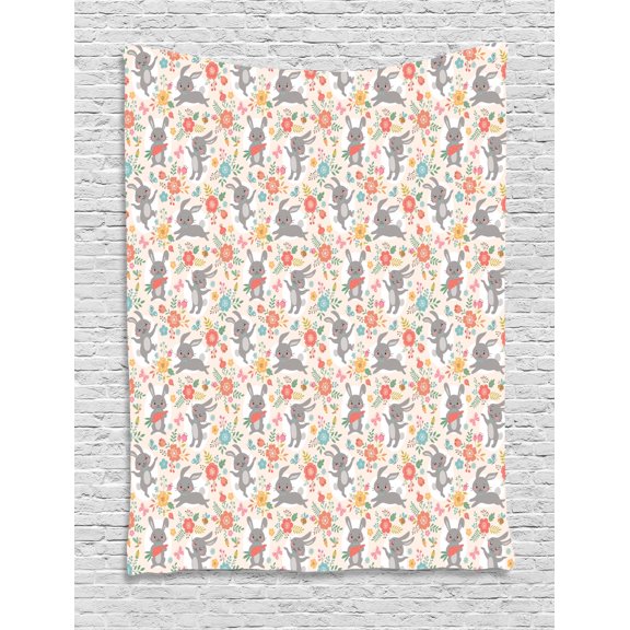 Spring Tapestry, Powder Puff Tailed Bunnies Jumping and Eating Tasty Carrots Around Flower Bouquets, Wall Hanging for Bedroom Living Room Dorm Decor, 60W X 80L Inches, Multicolor, by Ambesonne