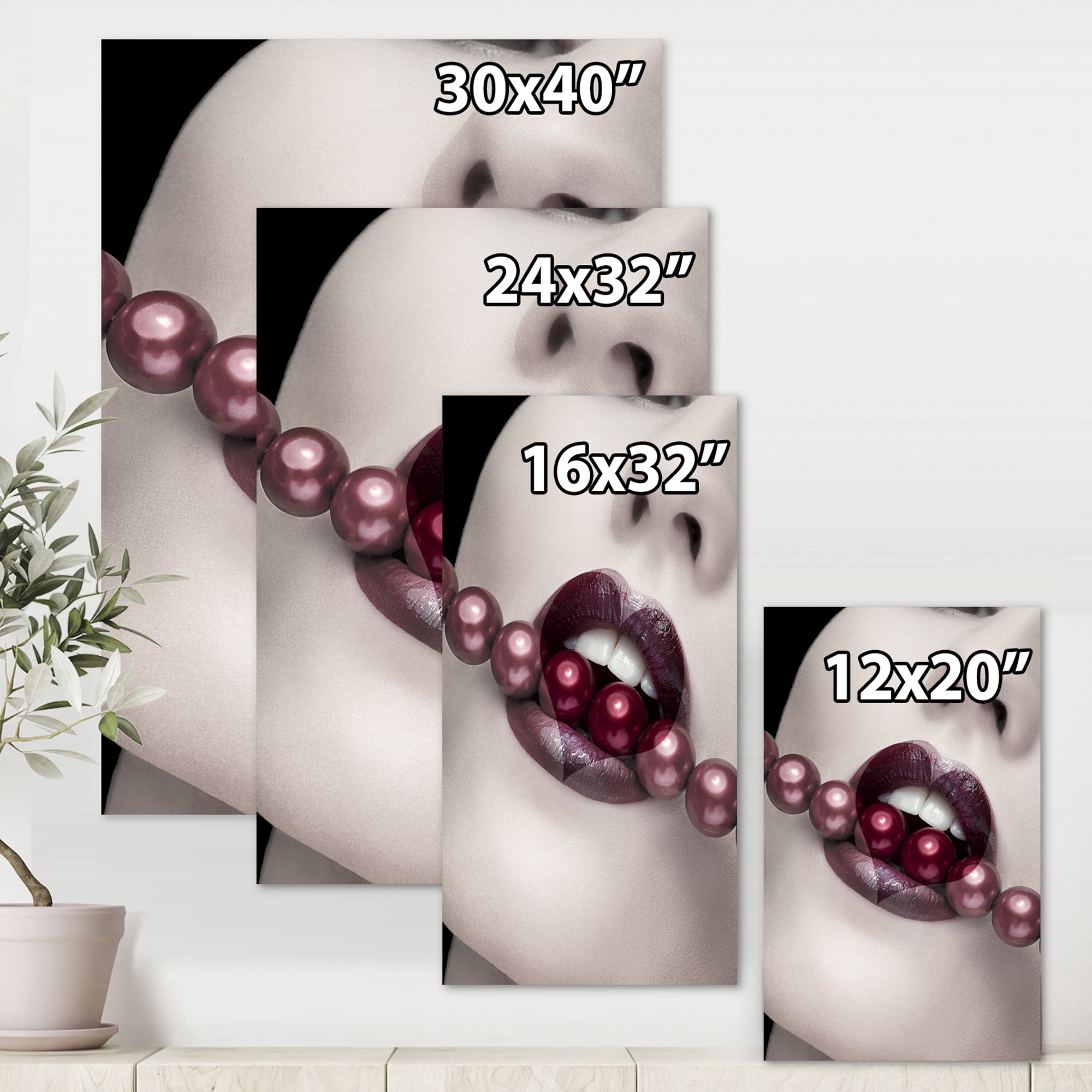 Designart ' Pearls Through Mouth With Heart Shape Lips ' Modern Canvas Wall Art Print