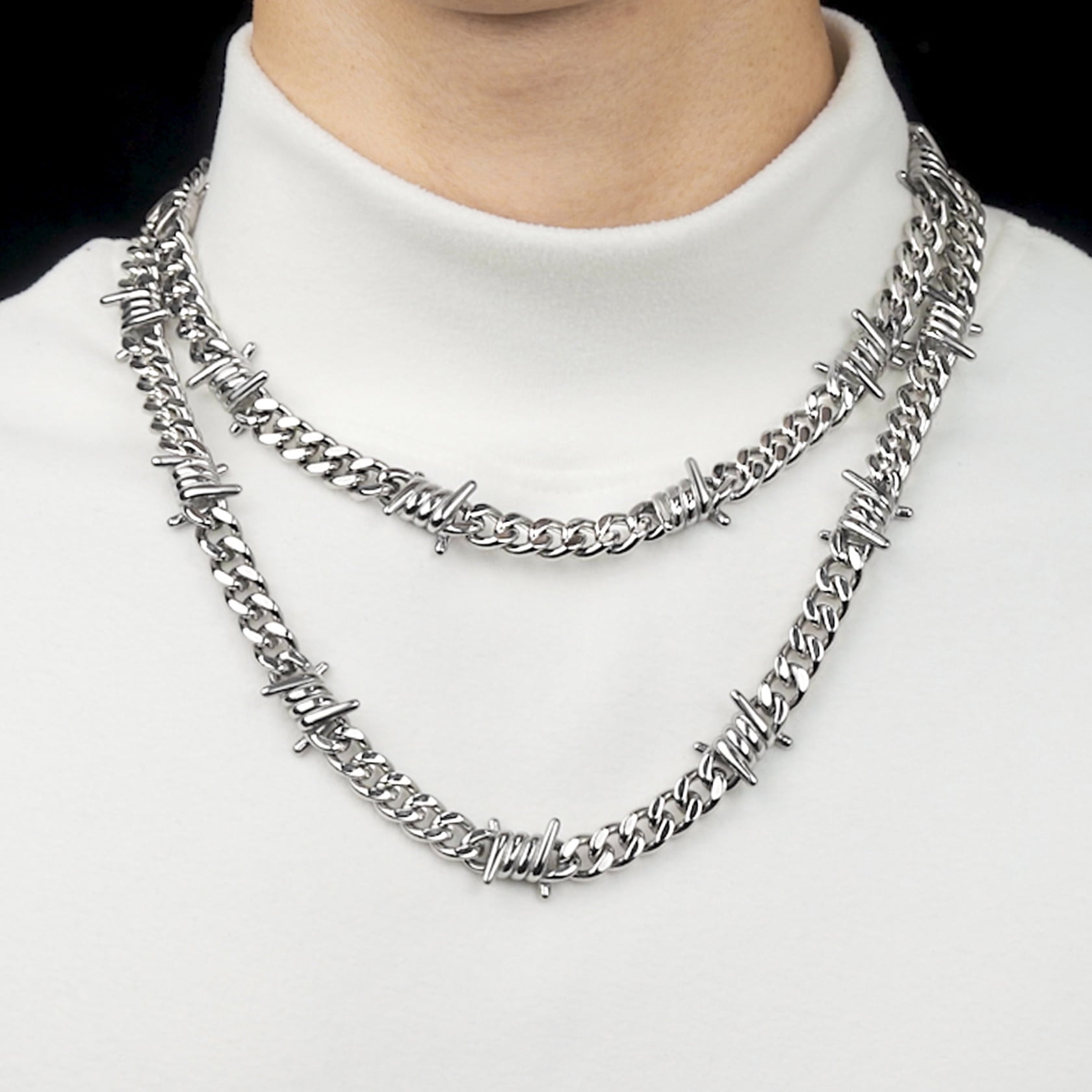 ChainsHouse Silver Barbed Wire Necklaces for Men Women Punk Thorns Chain Necklace 9mm Width Chunky Chains Jewelry Gift, 20 inch