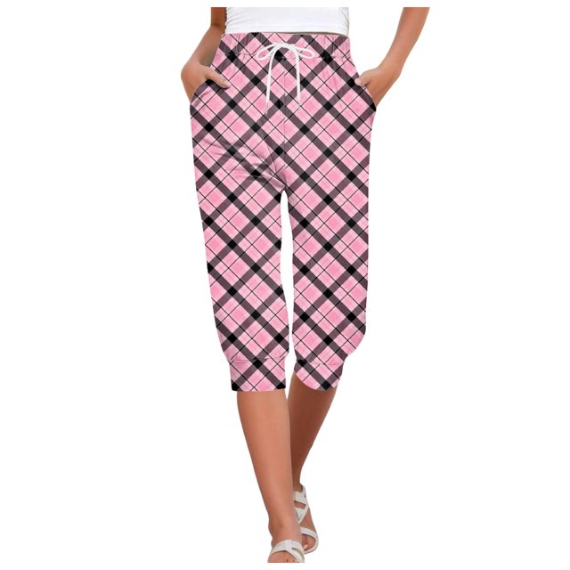 Ladies Casual Pants Sweatpants Capris Ladies Print Pants Bottom Drawstring Joggers Ladies Summer Pants Pink M