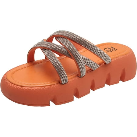 

Women Slippers Fashion Summer New Pattern Fashion Solid Color Rhinestone Decorative Open Toe Round Toe Thick Sole Comfortable Shoes Womens Slippers with Hard Sole (Orange 38)
