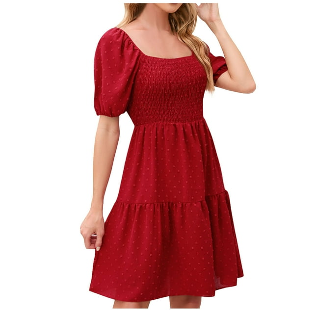 Yuyuzo Robes d'Été pour Femmes à Encolure Carrée, Manches Courtes Bouffantes, Mini-Robe, Smockée, Décontractée, Ligne A, Mini-Robe Courte